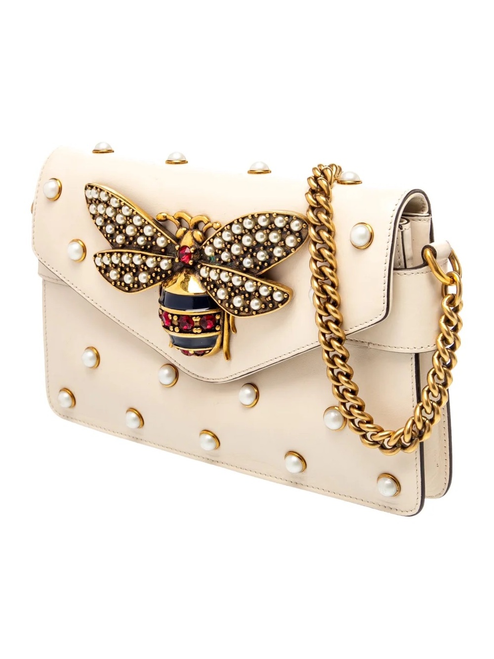 Authentic Gucci Broadway Pearly Bee Embellished Leather Mini shoulder bag